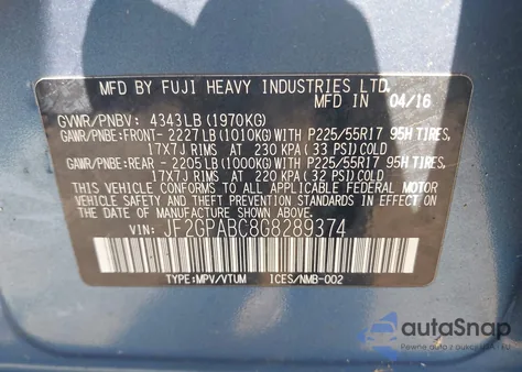 2016 Subaru Crosstrek 2.0I Premium из США, поврежденный, VIN JF2GPABC8G8289374